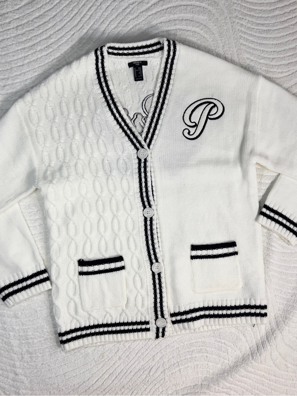 Forever 21 Kids White Cardigan Sweater with Black Trim Size 13/14